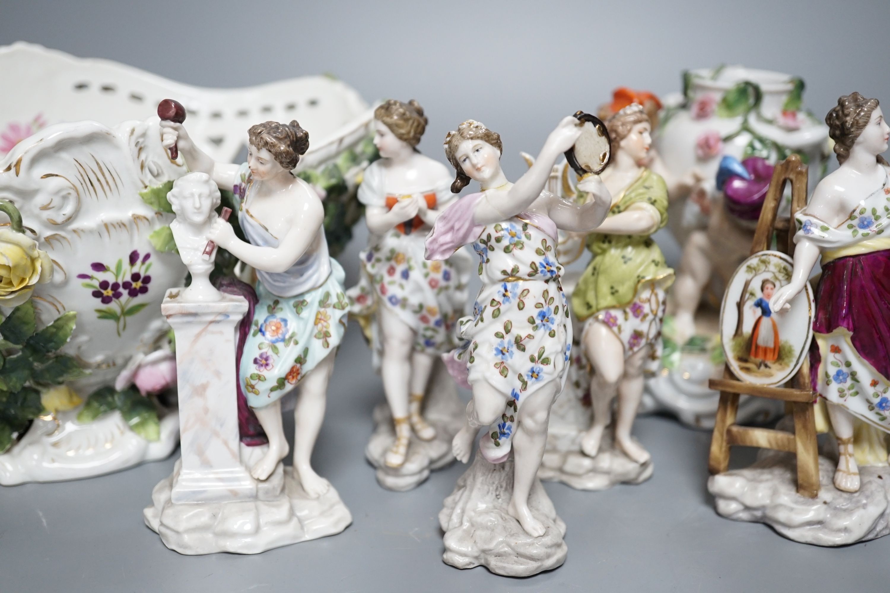 A Sitzendorf porcelain basket, 24cm, Sitzendorf vase and a set of six Volkstedt figures